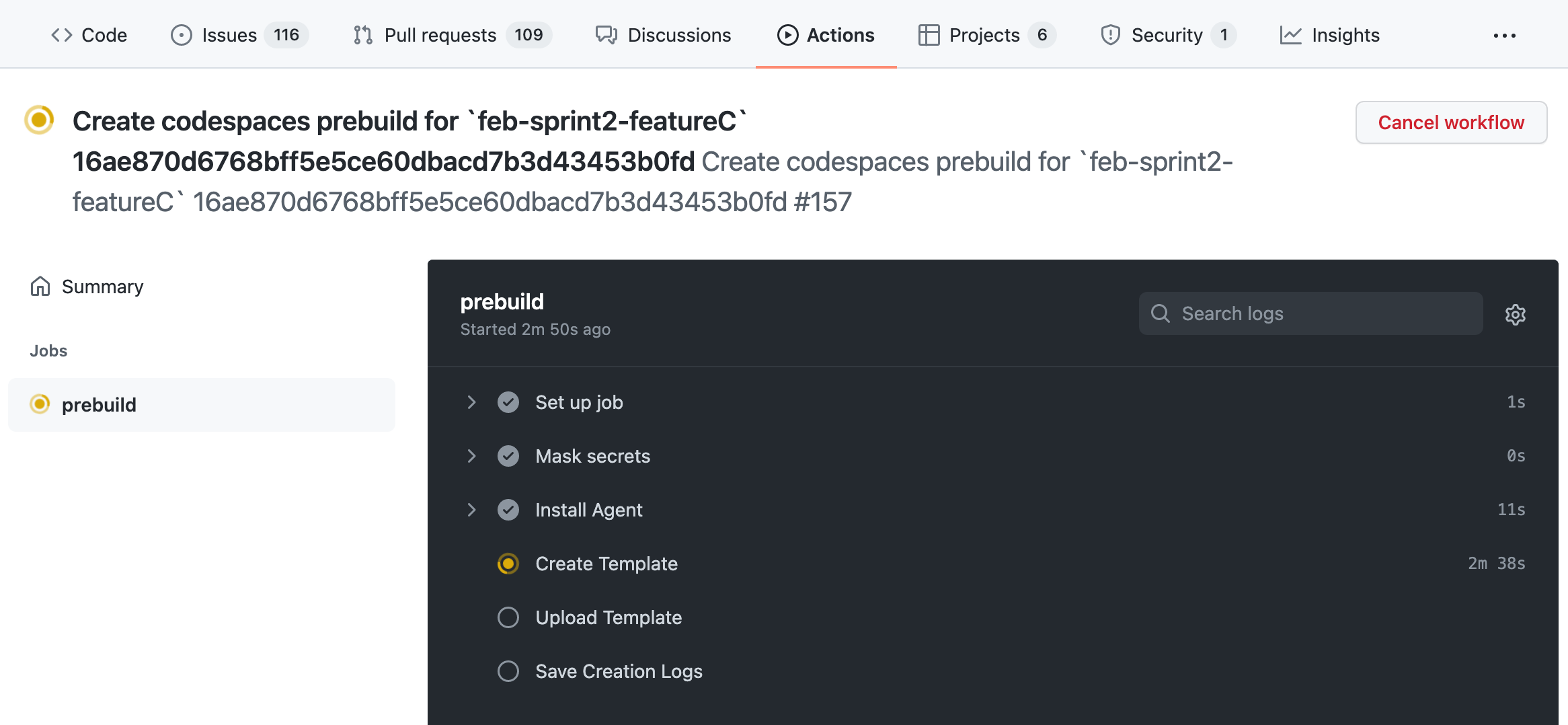 Screenshot: Prebuildworkflowausgabe auf der Registerkarte „Aktionen“ von GitHub.