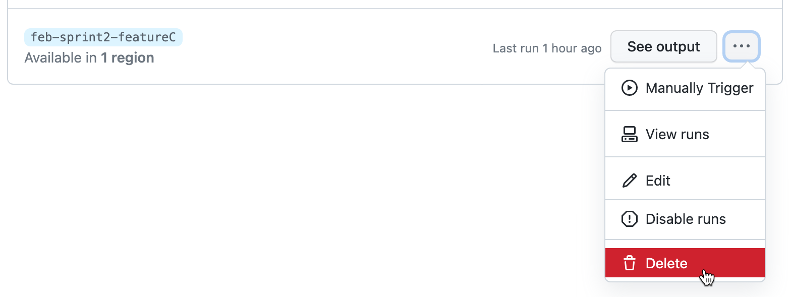 Screenshot: Dropdownmenü für die Konfiguration vor dem Build, das durch Klicken auf eine Schaltfläche mit drei Punkten angezeigt wird Die Option „Löschen“ ist ausgewählt.