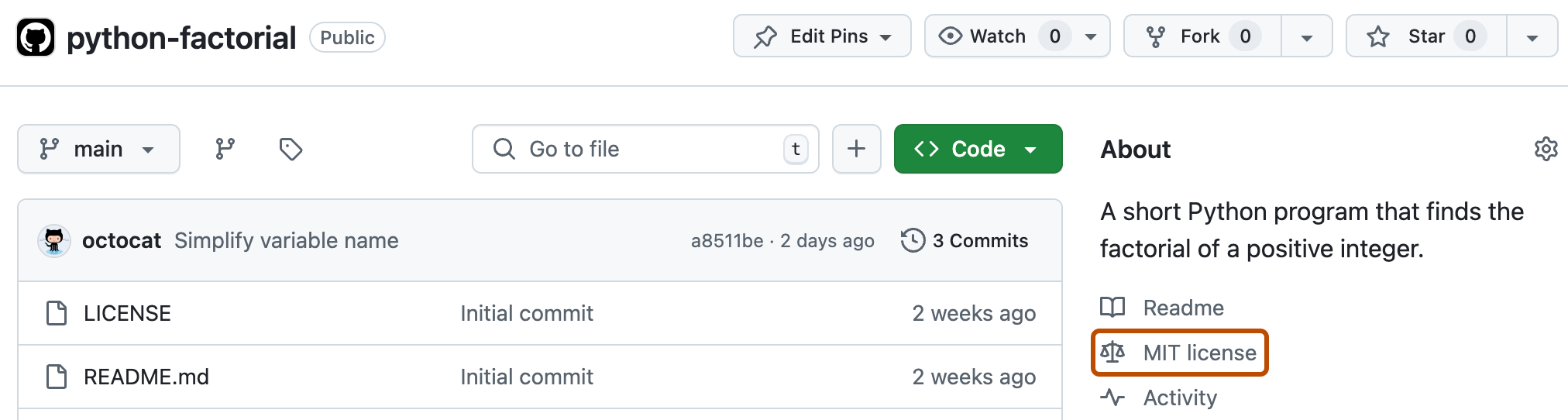 Captura de tela da página principal do repositório new2code/python-factorial. Na barra lateral direita, a opção “MIT license” está contornada em laranja-escuro.